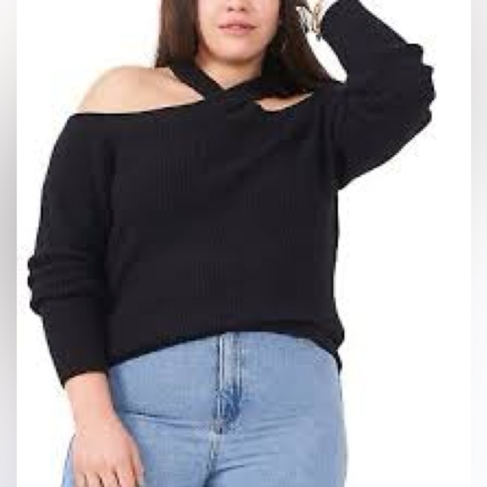 1.State Cross Front Halter Neck Cold Shoulder Sweater Black Sz XL Minimalist